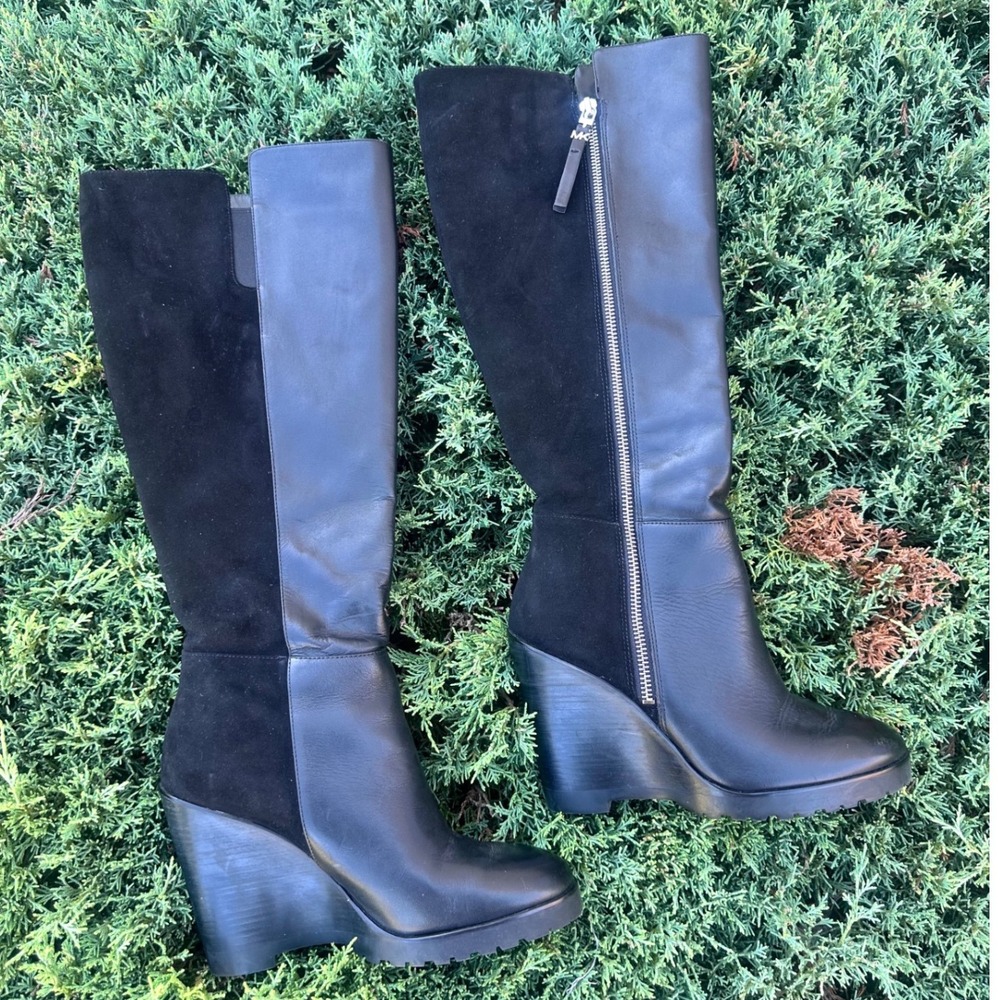 Michael Kors Clara Black Leather Suede Tall Wedge Boots Women's Size 7.5M